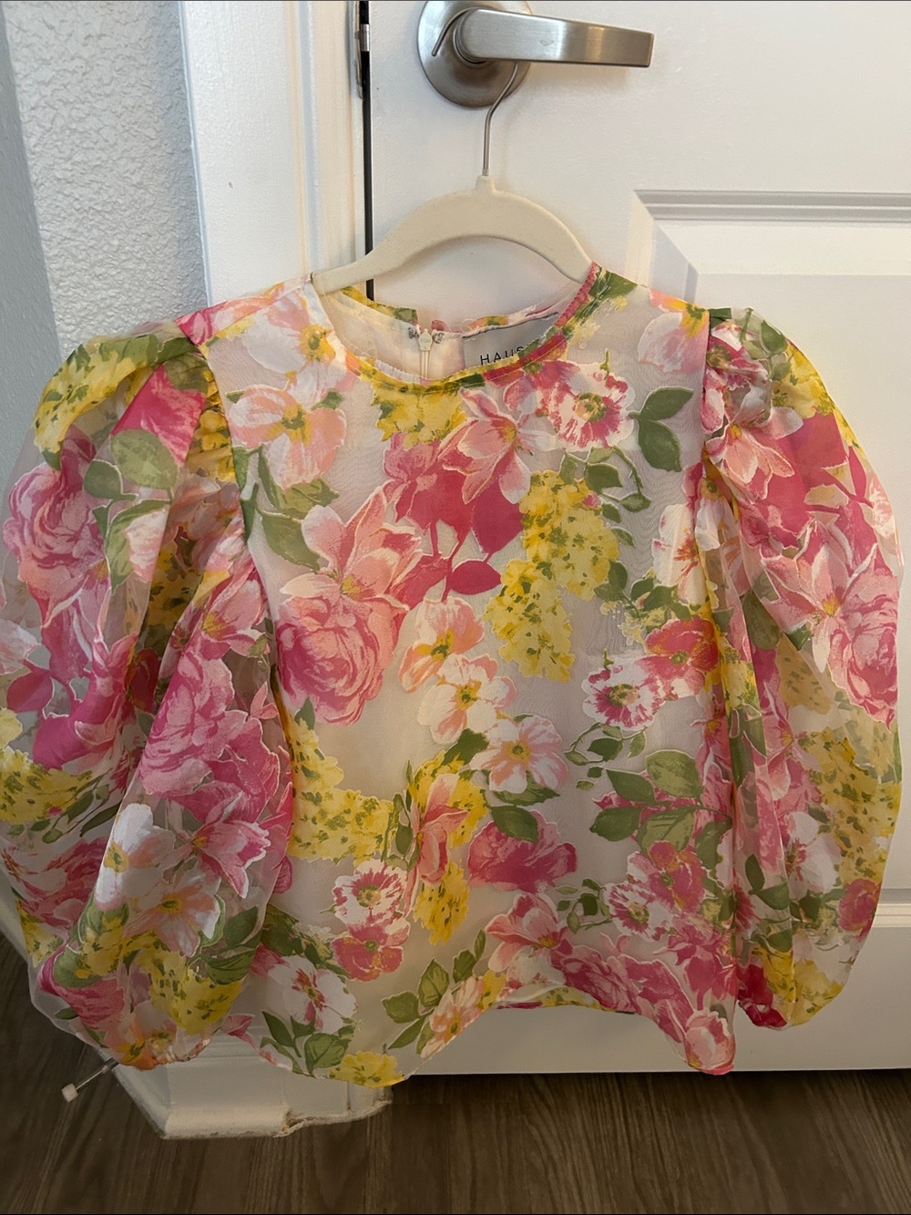 Hausen Floral Puff Sleeve Blouse in Pink, Yellow & Green
